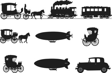 Vintage transportation silhouettes including horse carriage, steam locomotive train, zeppelin airship, old-fashioned coach, classic car, historical vehicles, retro travel, antique transport collection © Creative World