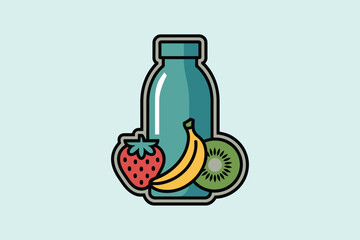 A cartoon image showing a blue bottle with a strawberry banana and kiwi in front of the bottle art