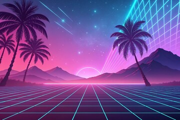 Retro 80s synthwave background with pink, purple and neon blue grids