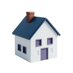 Small white house with blue roof and chimney isolated on transparent background