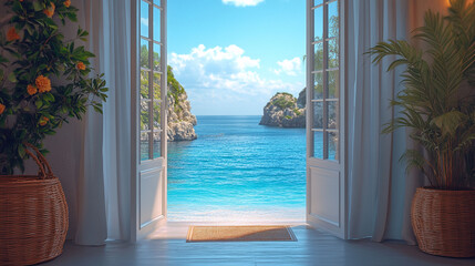 Fototapeta premium Tropical vacation home interior with ocean view. Open doors reveal beautiful beach and turquoise sea. Sunlight streams into the room, accented by potted plants and a woven basket.