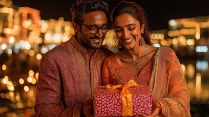 A joyful Indian couple celebrating Diwali together while clutching a gift box