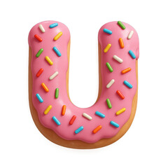 U letter from colorful alphabet showcases a sweet-shaped design with pink icing and delicious sprinkle treats