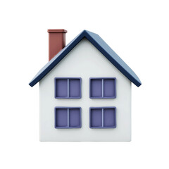 Small white house with blue windows and chimney isolated on transparent background