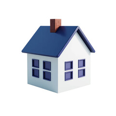 Simple white house with blue roof and chimney isolated on transparent background