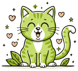 Adorable green striped cartoon cat smiling with closed eyes surrounded by whimsical hearts and stars