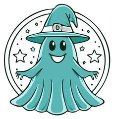 Charming blue ghost wearing a pointy wizard hat surrounded by stars illustration