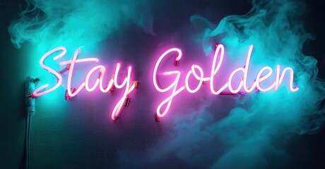 Bright neon sign displays Stay Golden text. Turquoise smoke surrounds glowing pink lettering. Dramatic lighting creates moody atmosphere.