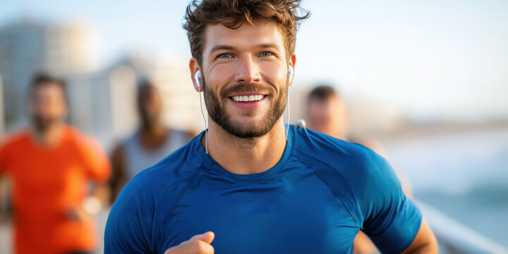 Happy athlete running outdoors while listening to music with earbuds