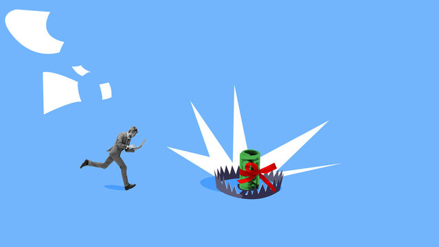 Digital concept art. Businessman chasing money bait in bear trap. Concept of financial fraud, predatory lending, scam investment traps, misleading offers, and economic risks.