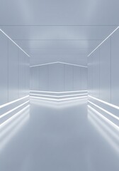 Futuristic white corridor with glowing LED strip lights creating a minimalist and sterile architectural space, emphasizing depth and symmetry.