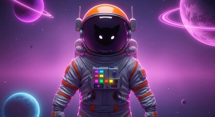 An astronaut suit with a cat silhouette inside, floating in a vibrant, cosmic space scene.