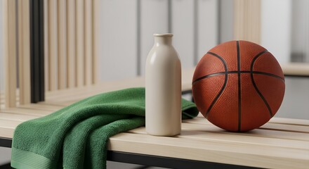 Basketball, green towel, and water bottle resting on bench in locker room
