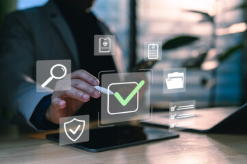 Professional verifying digital documents, ensuring quality, compliance, security. Modern workflow, efficient operations, process optimization. Achieves successful validation, approval, governance,