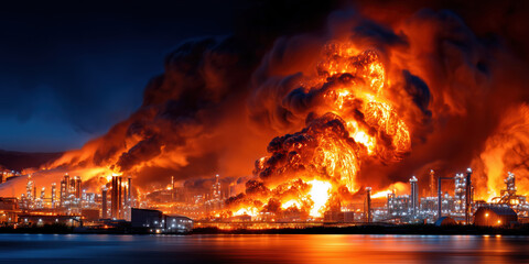 Huge fire burning at industrial chemical plant at night