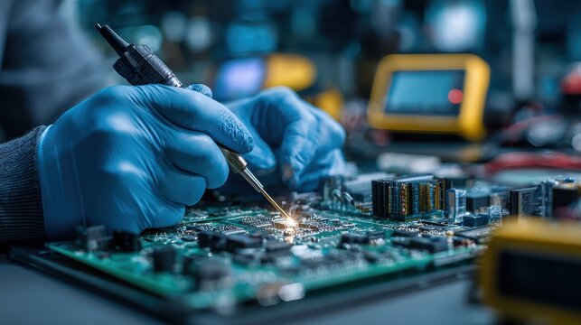 Technician soldering circuit board electronic repair precision work