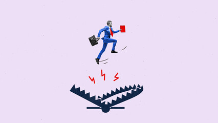 Contemporary artwork. Businessman jumping over bear trap with briefcase and documents. Concept of...
