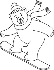 Bear Snowboarding Adventure Outline Illustration Winter Sport Fun Animal Character Design