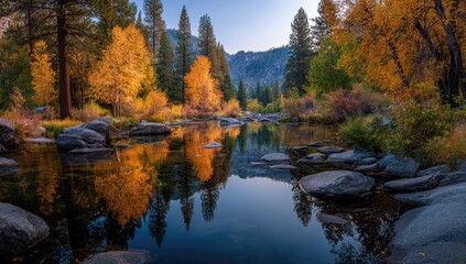 Serene autumnal scene a calm river reflects vibrant golden and orange foliage of trees lining its banks, large grey rocks dot the foreground and background.