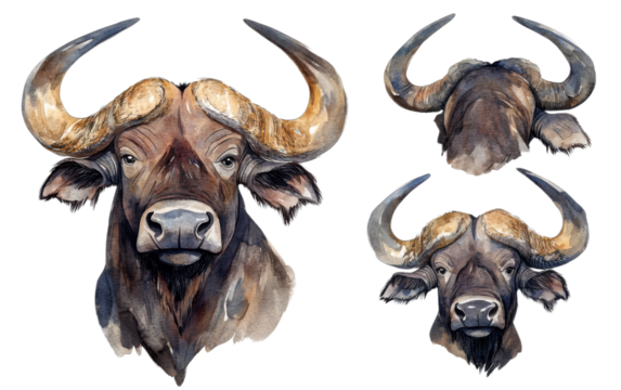 Bull buffalo head face multiple on white background,png
