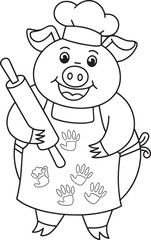 Chef Pig with Rolling Pin Outline Drawing on Transparent Background for Culinary Arts