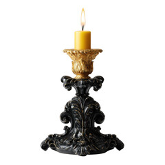 An ornate, black candle holder with a single golden candle burning [Transparent Background PNG].