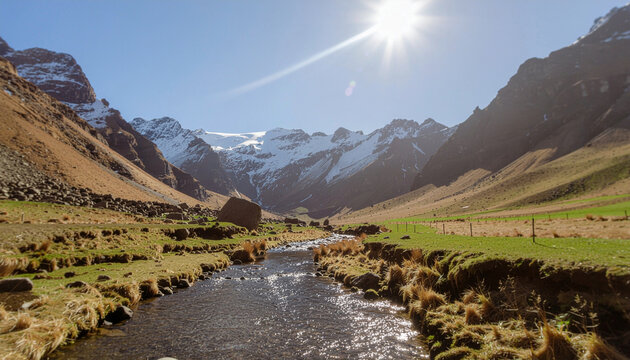 A peaceful mountain landscape with a river flowing through green valleys, under a clear blue sky - Powered by Adobe