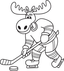 Hockey Moose Outlined Illustration Animal Athlete Cartoon Character Sporty Fun Design