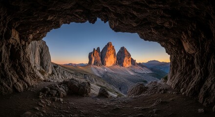 Sunset view of tre cime di lavaredo from cave in the dolomites