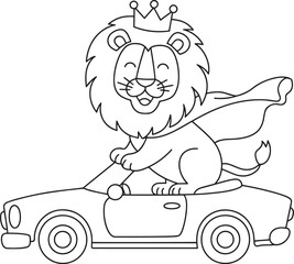 Lion King Driving Car with Cape Outline Drawing Isolated on Transparent Background