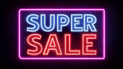 Obraz premium Neon light typography poster about super sale in dark background