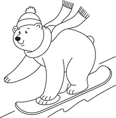 Polar Bear Snowboarding Adventure Winter Sport Fun Outline Drawing Isolated on Transparent