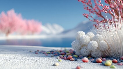 and keyword list based on the image

  Cherry blossom and coral mushroom scene on snowy shore