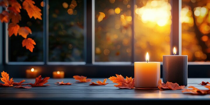 Cozy autumn scene with candles and fallen leaves by the window - Powered by Adobe