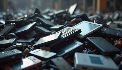 Pile of Discarded Electronic Devices Highlighting E-Waste Crisis for Environmental Awareness, Recycling Initiatives, and Technology Sustainability Education