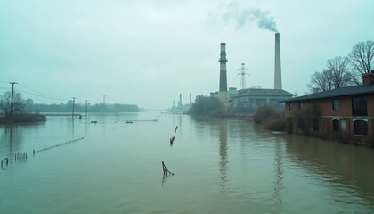 Industrial Landscape with Flooded River and Emission Smoke for Environmental Awareness, Pollution Education, Industrial Impact Blogs, and Climate Change Content