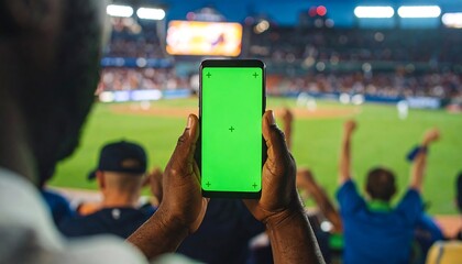 Person holds green screen phone at baseball game