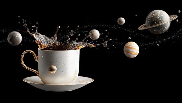 Cosmic Coffee Splash Dark brew erupts, planets and stardust swirl around an elegant cup and saucer against a black background