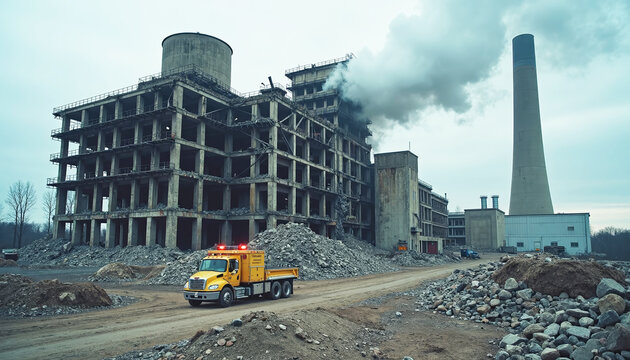 Abandoned Industrial Building with Demolition Truck and Smoke Emission for Construction Industry Blogs, Urban Development Websites, Environmental Awareness, and Social Media Content