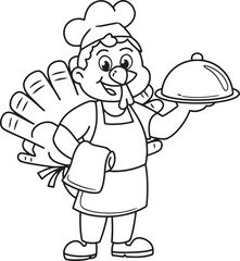 Fototapeta premium Turkey Chef Serving Platter Cartoon Character Line Art for Culinary Themed Designs