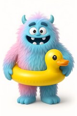 3d render, pink blue Yeti cartoon character wears yellow inflatable swimming ring in the shape of a duck, hairy halloween monster, furry beast. Unknown funny toy isolated on white background.