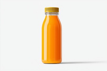 Bright orange juice in a glass bottle showcasing freshness and vibrant color in a minimalist setting with soft lighting