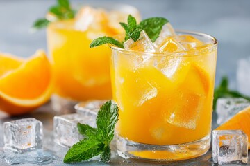 Refreshing orange citrus drink with ice and mint leaves served in clear glasses during a sunny summer afternoon