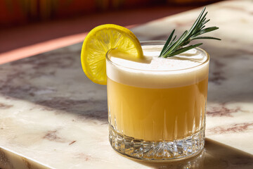 Refreshing whiskey sour cocktail with lemon garnish on a sunny day