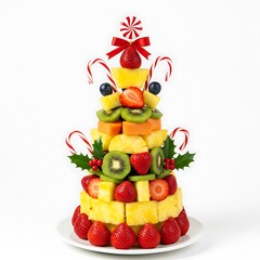 front view of holiday fruit skewer tower, isolated on white background