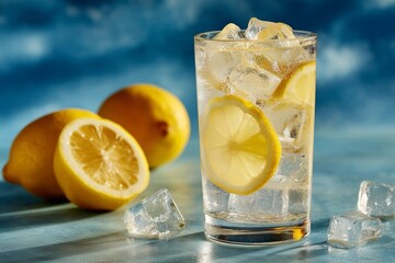 Refreshing lemonade with ice and fresh lemons on a blue background during a sunny afternoon
