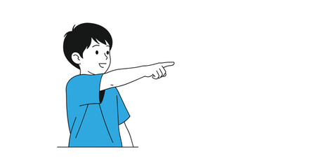 Joyful young boy in a blue t-shirt pointing energetically towards a new adventure ahead on a bright day