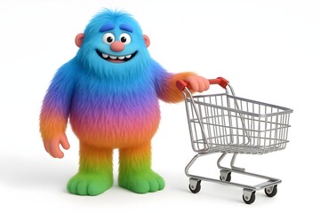 3d render, colorful hairy Yeti cartoon character stands near empty shopping cart. Funny furry bigfoot toy. Clip art isolated on white background