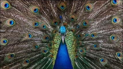 Fototapeta premium Close-up of a peacock with fully fanned tail feathers showing intricate symmetrical patterns, vibrant blue and green plumage, iconic eye designs, and natural elegance in vertical composition
