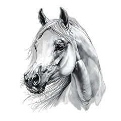 A detailed black and white artistic sketch of a majestic Arabian horse head with a flowing mane. © Vhya
